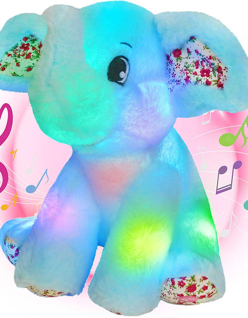 Load image into Gallery viewer, 12‘’ Musical Light up Elephant Plush Toy Floppy LED Stuffed Animals Lullabies Nightlight Bedtime for Kids Birthday for Toddlers, Blue
