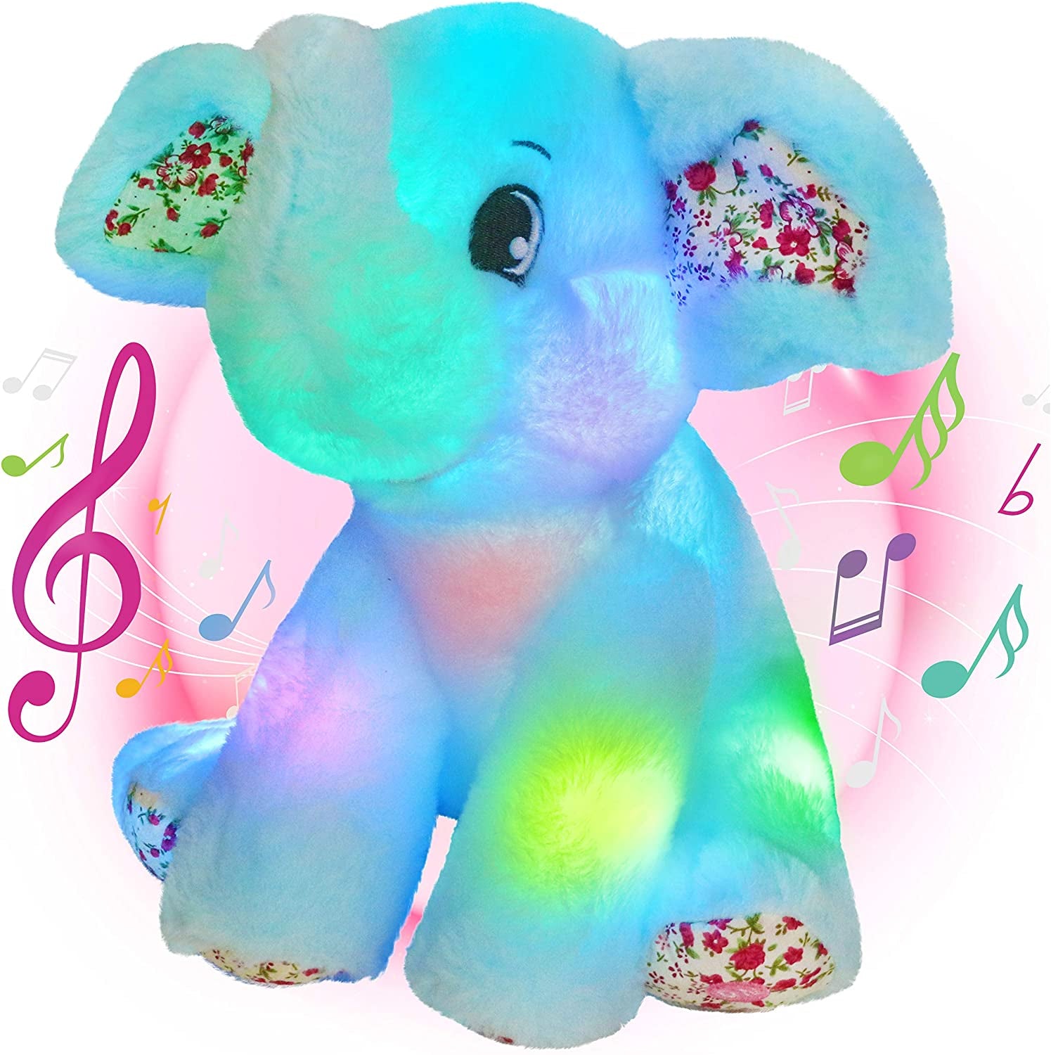 12‘’ Musical Light up Elephant Plush Toy Floppy LED Stuffed Animals Lullabies Nightlight Bedtime for Kids Birthday for Toddlers, Blue