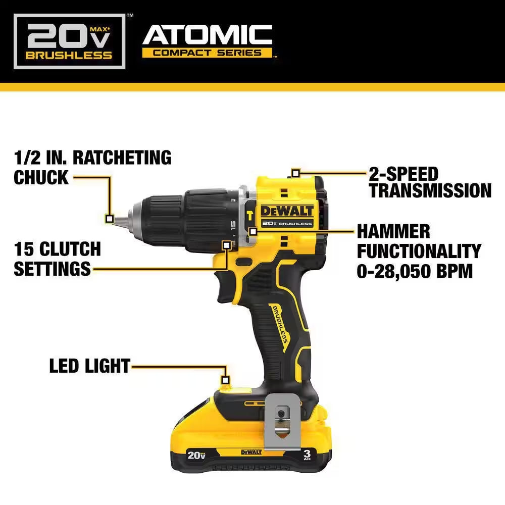 ATOMIC 20-Volt Lithium-Ion Cordless 1/2 In. Compact Hammer Drill with 3.0Ah Battery, Charger and Bag