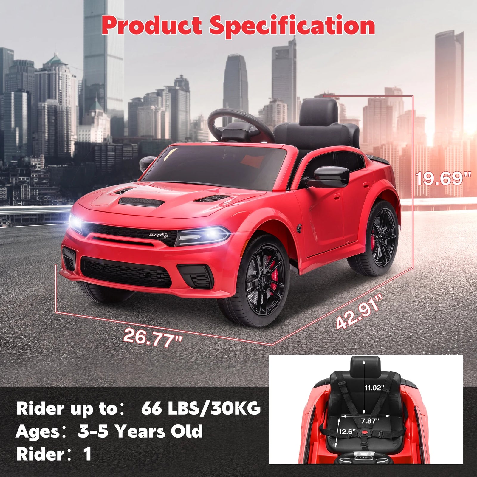 Dodge Electric Ride on Cars for Kids, 12V Licensed Dodge Charger SRT Powered Ride on Toys Cars with Parent Remote Control, Electric Car for Girls 3-5 W/Music Player/Led Headlights/Safety Belt, Black