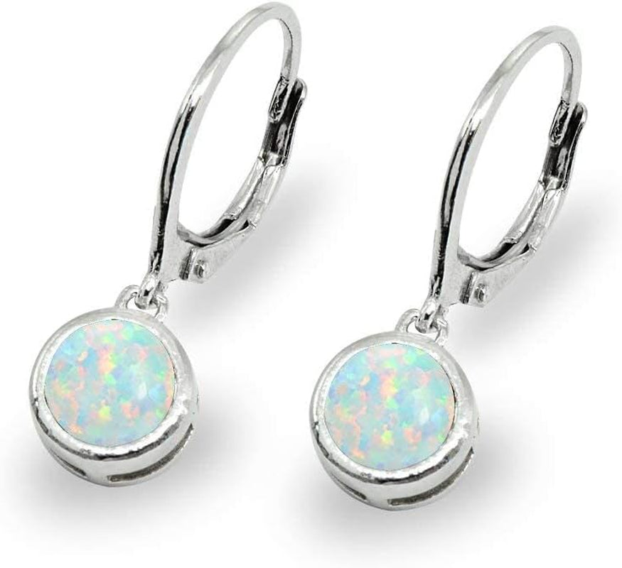 Sterling Silver Genuine or Synthetic Gemstone 6Mm round Bezel-Set Dangle Leverback Earrings