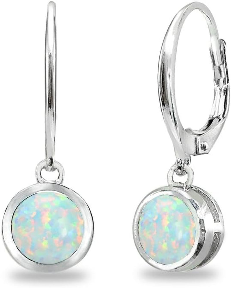 Sterling Silver Genuine or Synthetic Gemstone 6Mm round Bezel-Set Dangle Leverback Earrings