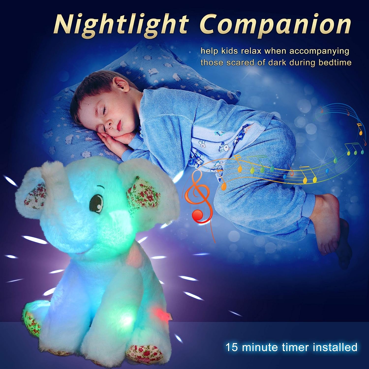 12‘’ Musical Light up Elephant Plush Toy Floppy LED Stuffed Animals Lullabies Nightlight Bedtime for Kids Birthday for Toddlers, Blue