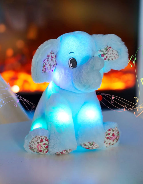 Load image into Gallery viewer, 12‘’ Musical Light up Elephant Plush Toy Floppy LED Stuffed Animals Lullabies Nightlight Bedtime for Kids Birthday for Toddlers, Blue
