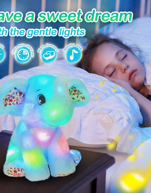 Load image into Gallery viewer, 12‘’ Musical Light up Elephant Plush Toy Floppy LED Stuffed Animals Lullabies Nightlight Bedtime for Kids Birthday for Toddlers, Blue
