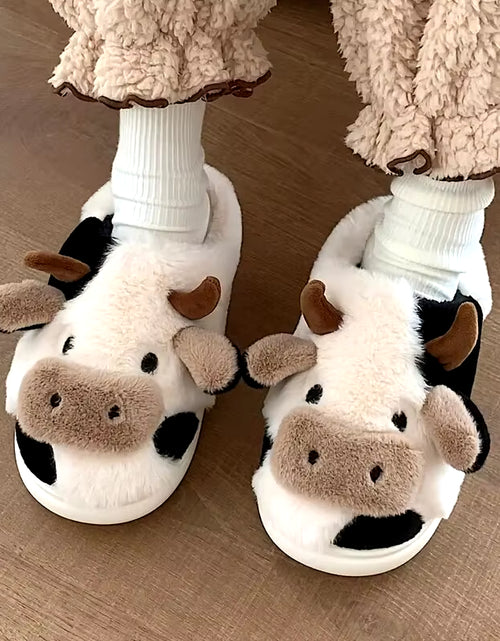 Load image into Gallery viewer, Women&#39;S Cartoon Cute Cow House Slippers Warm plus Lined Closed Toe Fuzzy Home Slides Women&#39;S Fluffy Comfy Shoes Winter Autumn
