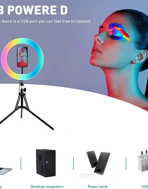 Load image into Gallery viewer, 13&quot; RGB Selfie Ring Light W/ Tripod Stand &amp; Phone Holder 26 Modes 10 Brightness Level 120 LED Bulbs Dimmable Selfie Ringlight for Live Stream Makeup Youtube Video Photography Shooting
